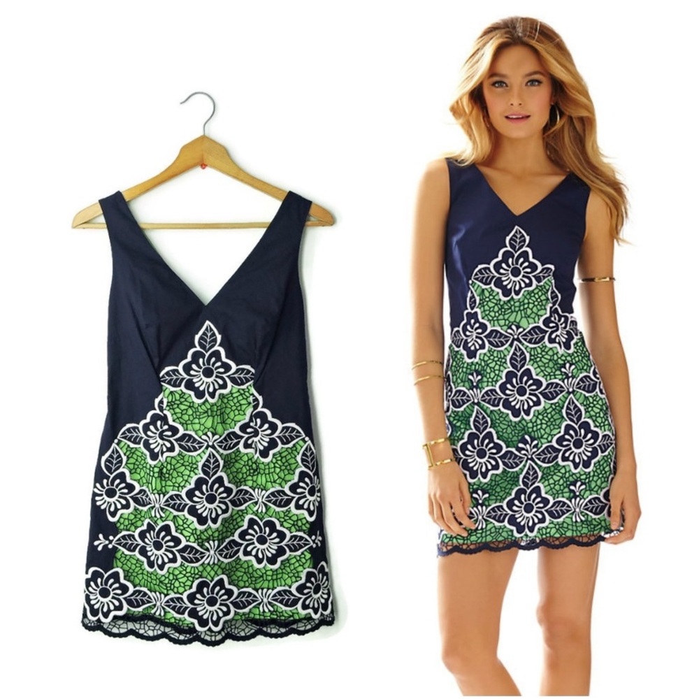 Lilly Pulitzer Sylvie Shift Dress Sleeveless Navy Blue Green Flower 0 - Picture 2 of 8